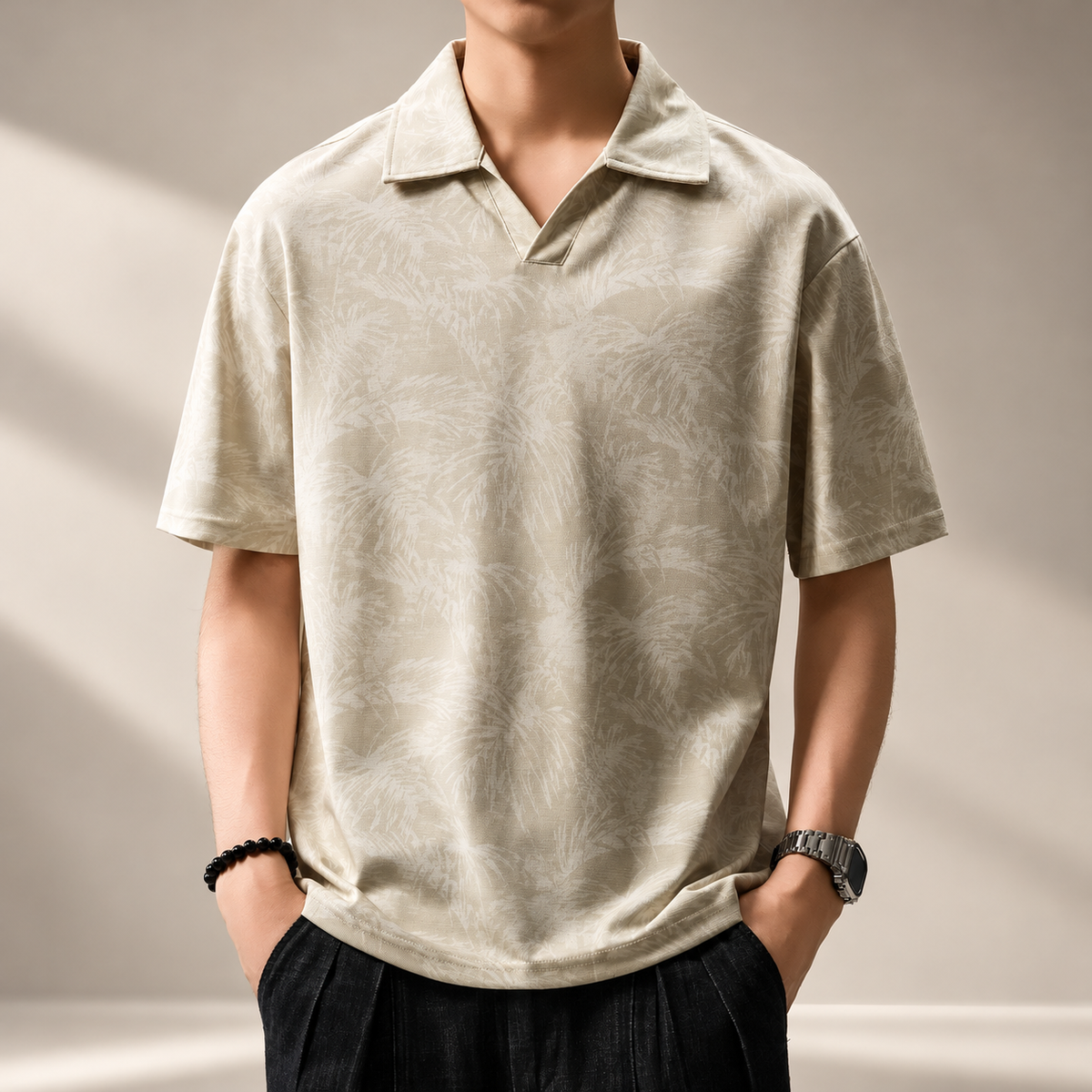 Lucien Men's Botanical Pattern Open Collar Polo Shirt