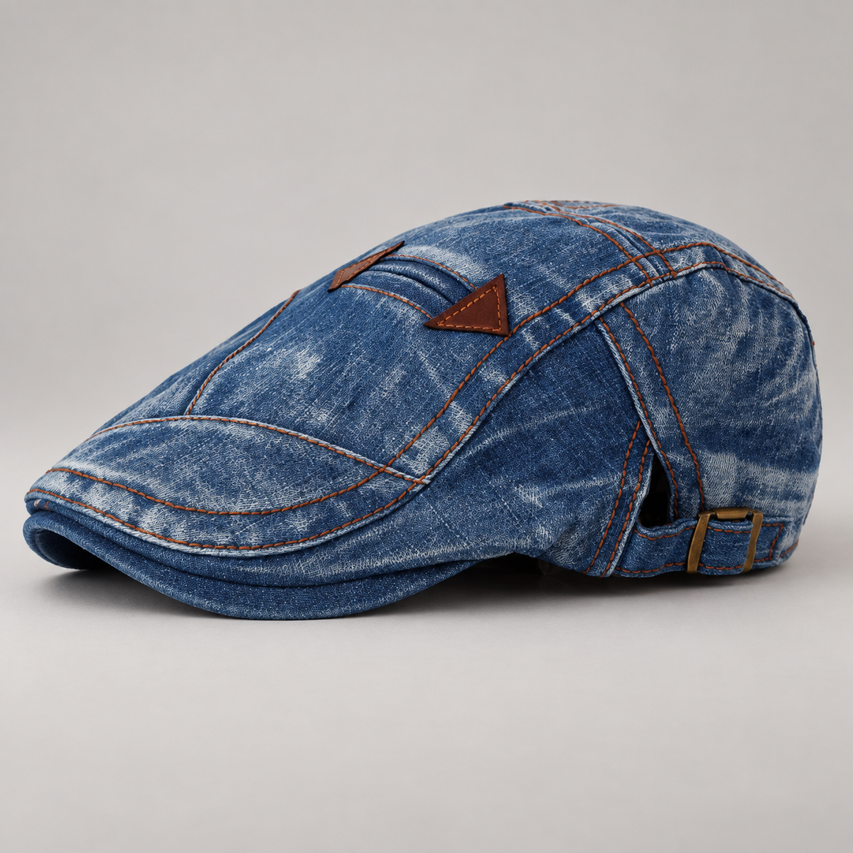 Marlowe Washed Denim Flat Cap with Adjustable Buckle Strap