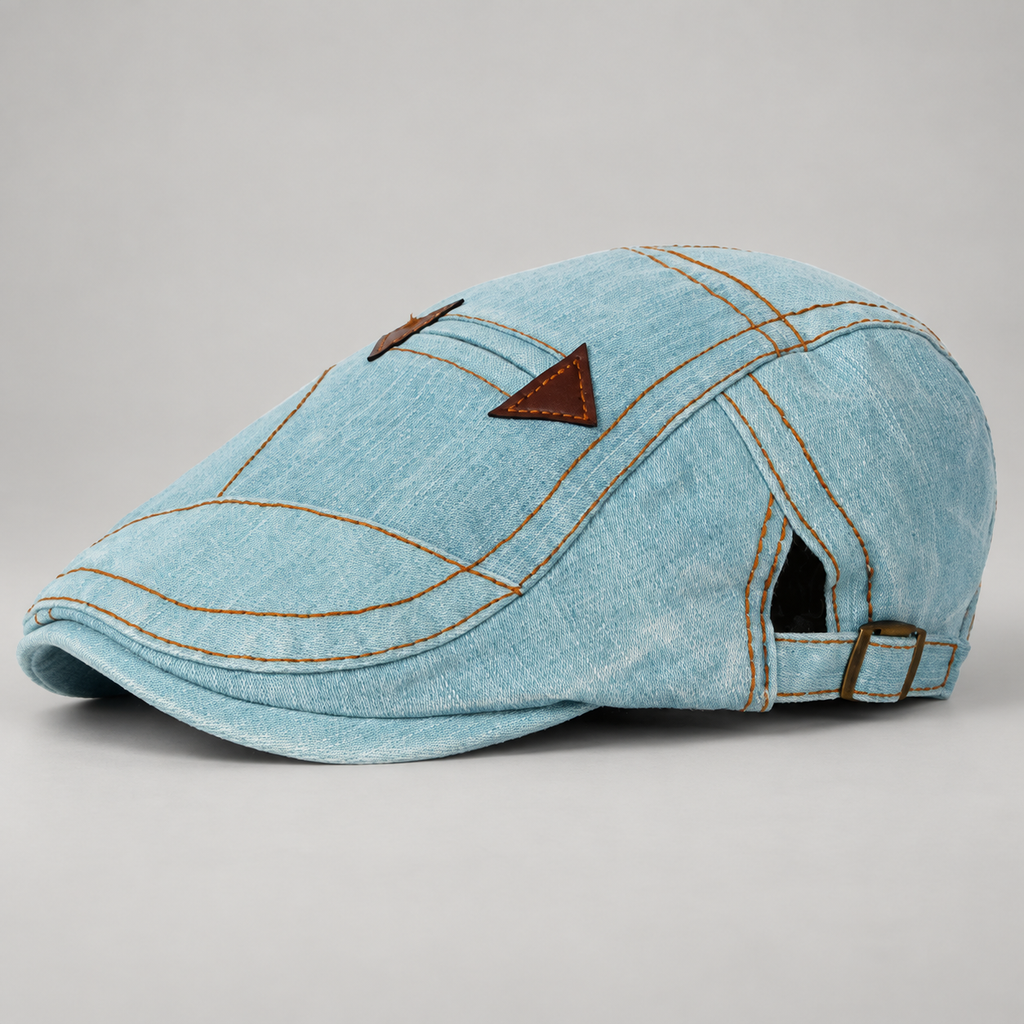 Marlowe Washed Denim Flat Cap with Adjustable Buckle Strap