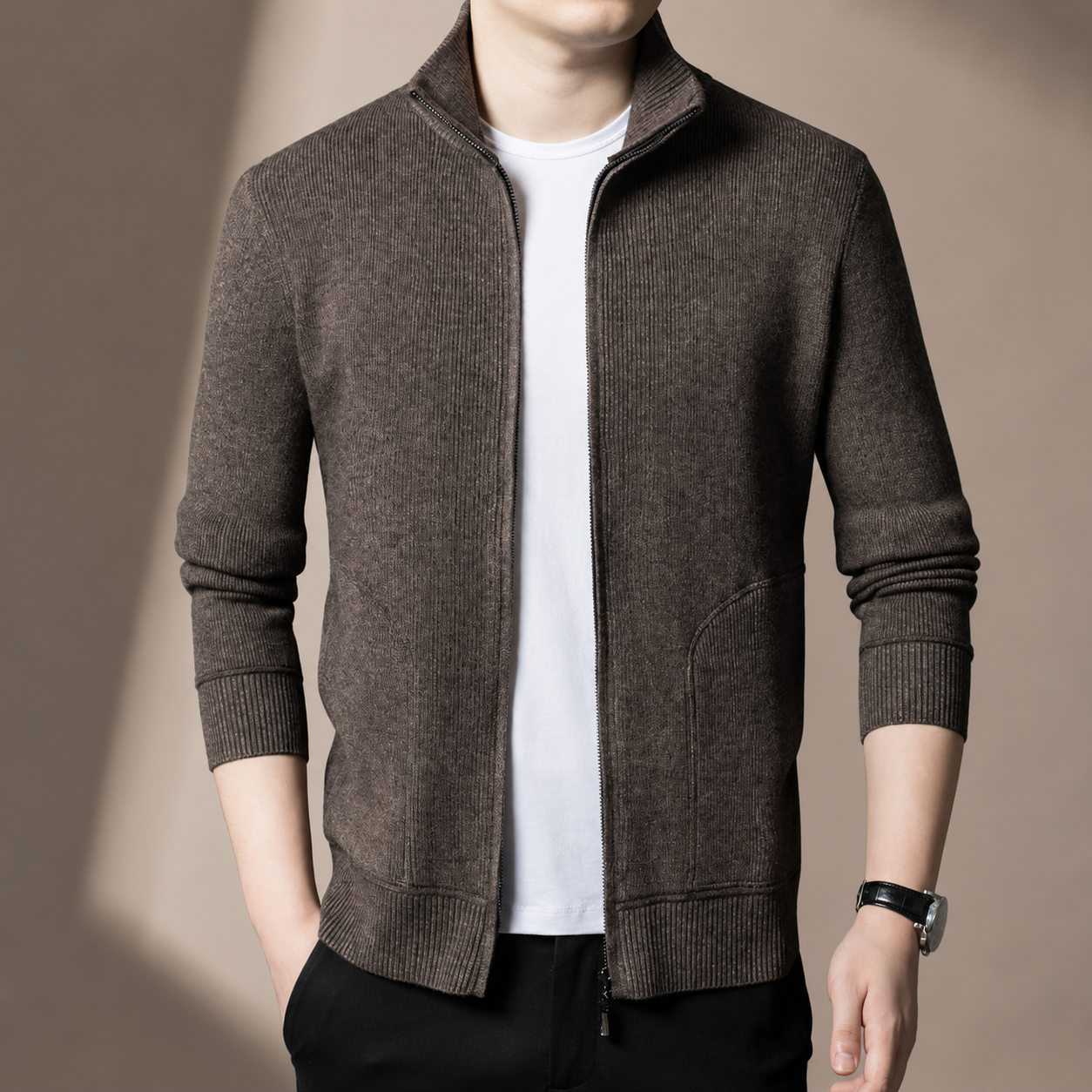 Miles Ribbed Knit Full Zip Cardigan Sweater