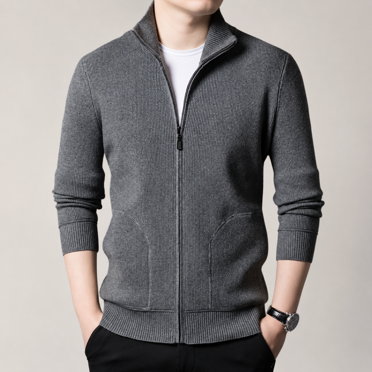 Miles Ribbed Knit Full Zip Cardigan Sweater