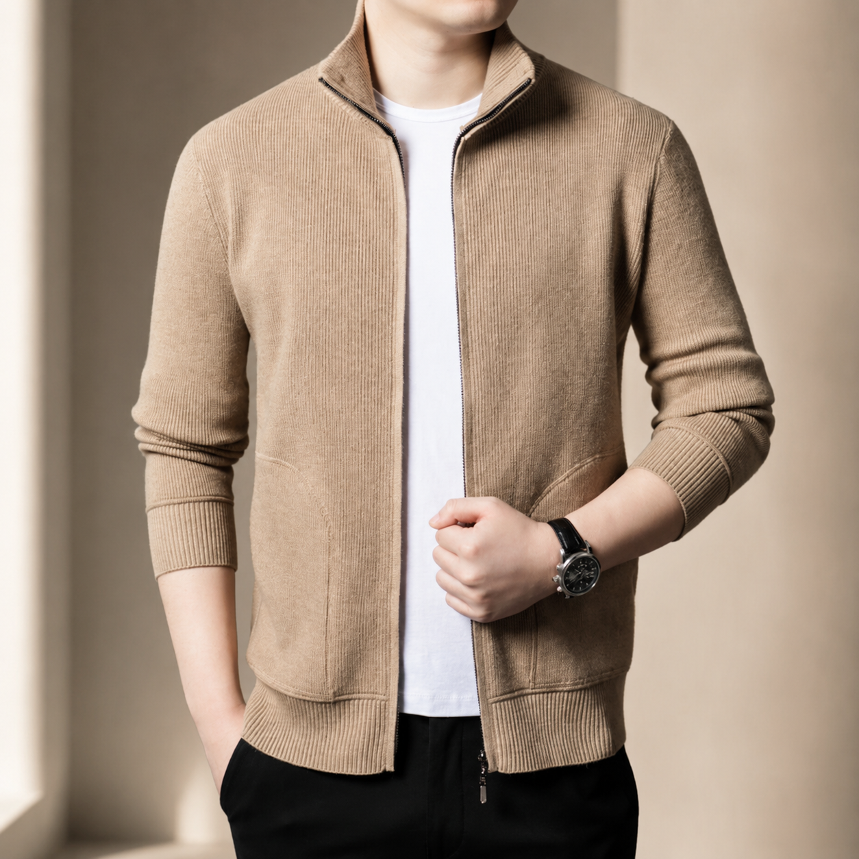 Miles Ribbed Knit Full Zip Cardigan Sweater
