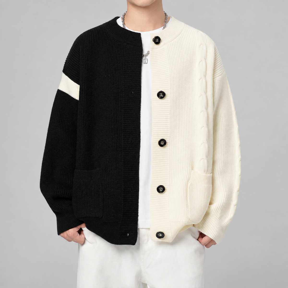 Milo Men’s Split-Color Cable-Knit Button Cardigan