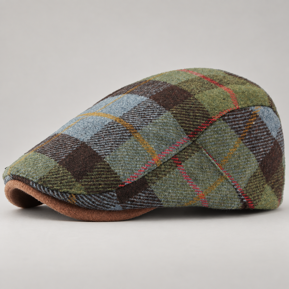 Montague Plaid Flat Cap with Contrast Curved Brim