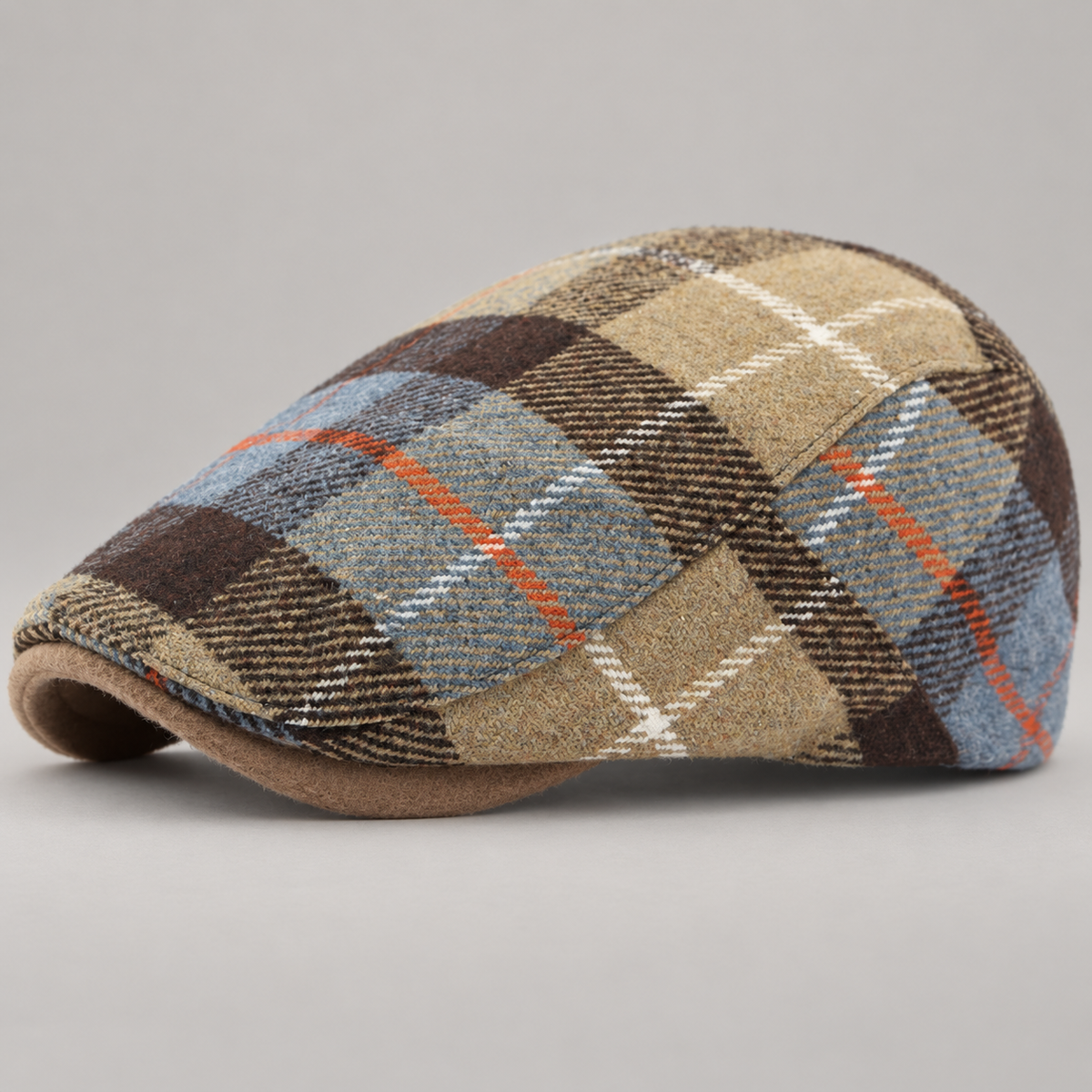 Montague Plaid Flat Cap with Contrast Curved Brim