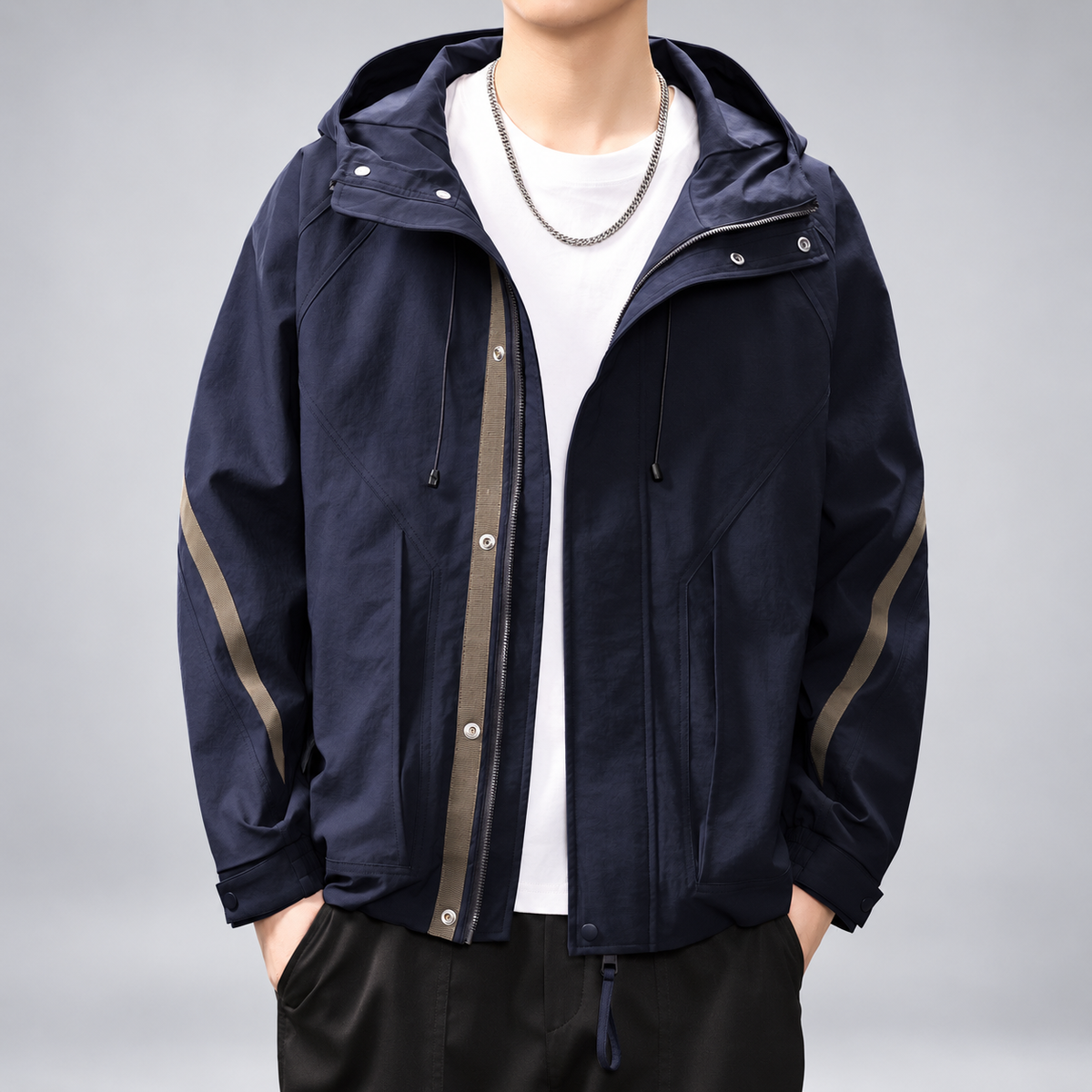 Fiorenzo Men's Hooded Zip-Front Jacket with Contrast Sleeve Trim