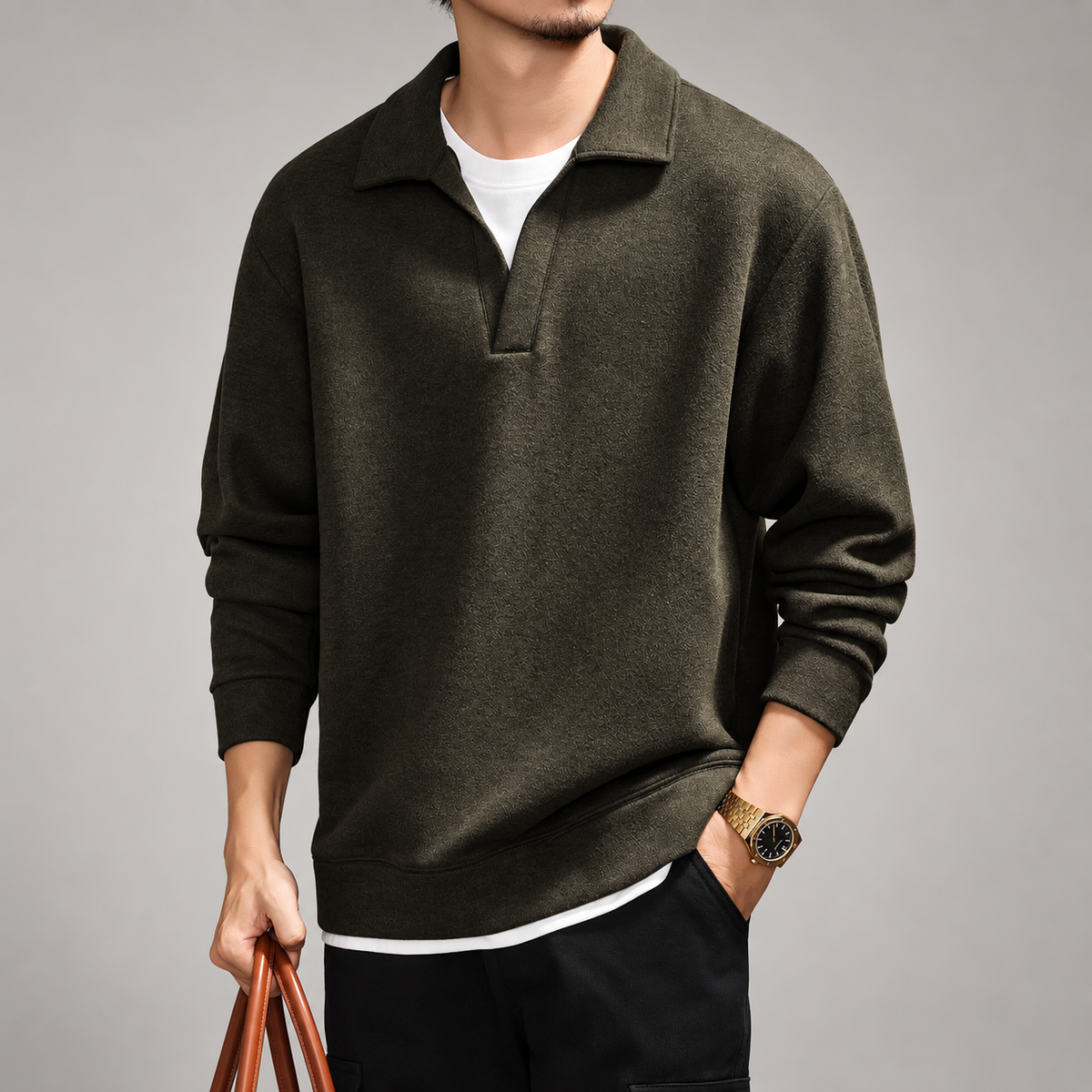 Gualtiero Men's Textured Long Sleeve Polo Pullover