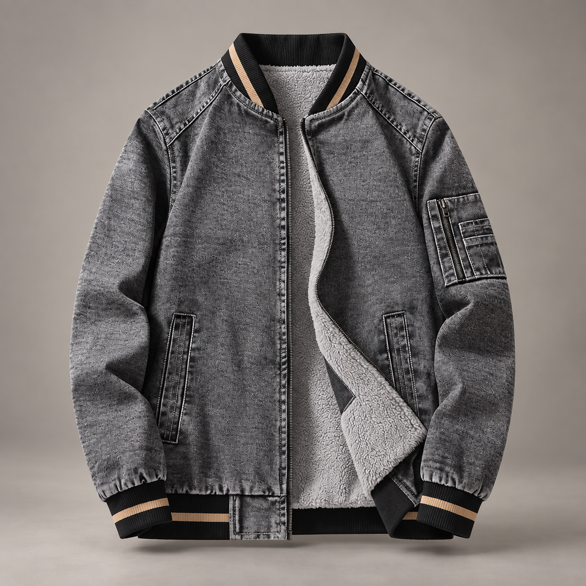 Owen Fleece-Lined Zip Bomber Jacket with Sleeve Pocket
