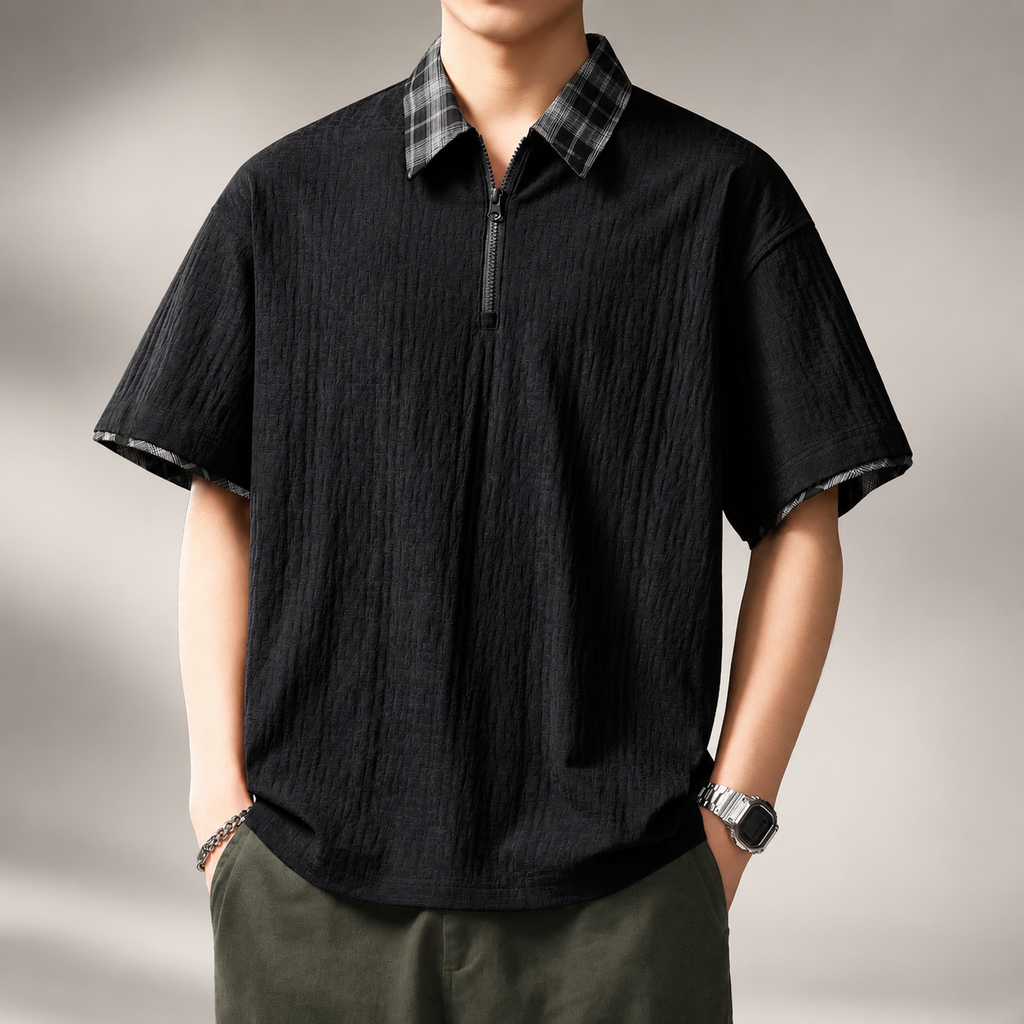 Enzo Men’s Textured Short-Sleeve Zip Polo with Check Collar