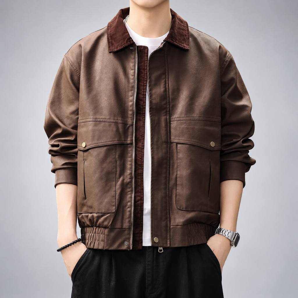 Aaron Men's Textured Bomber Jacket with Contrast Corduroy Collar