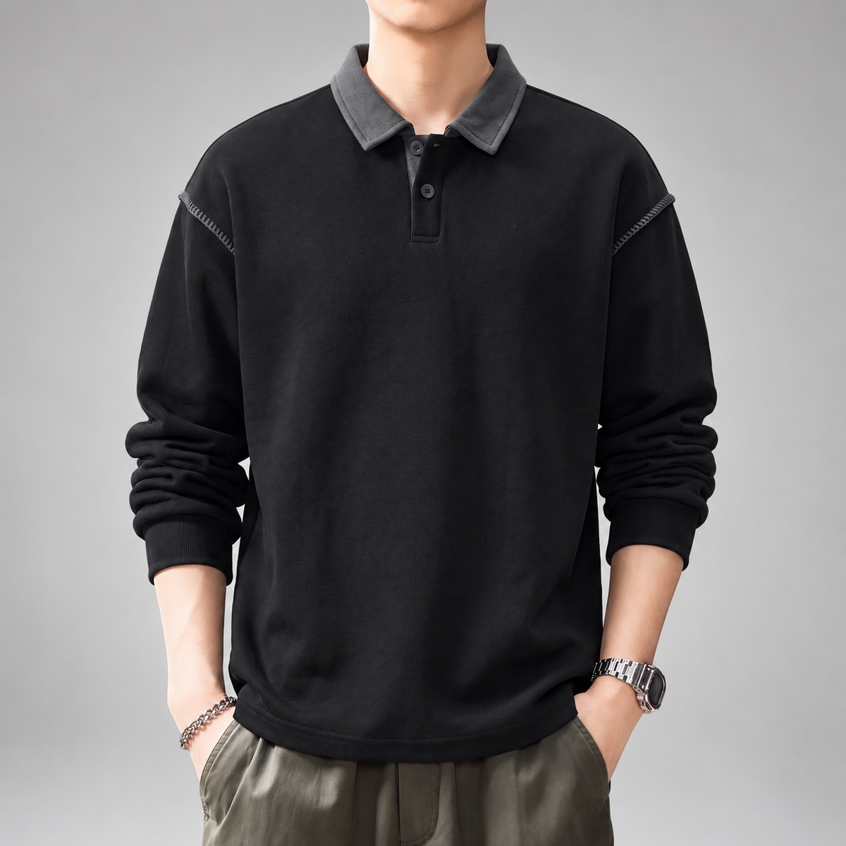 Cuthbert Men’s Relaxed Fit Polo Pullover with Contrast Stitching