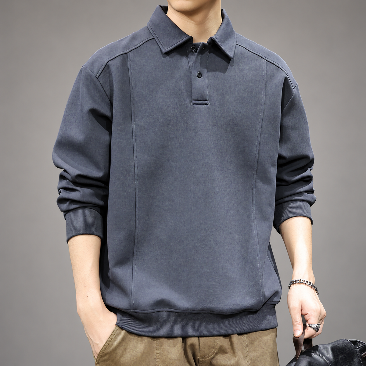 Adelard Men’s Relaxed Fit Collared Pullover with Ribbed Trim