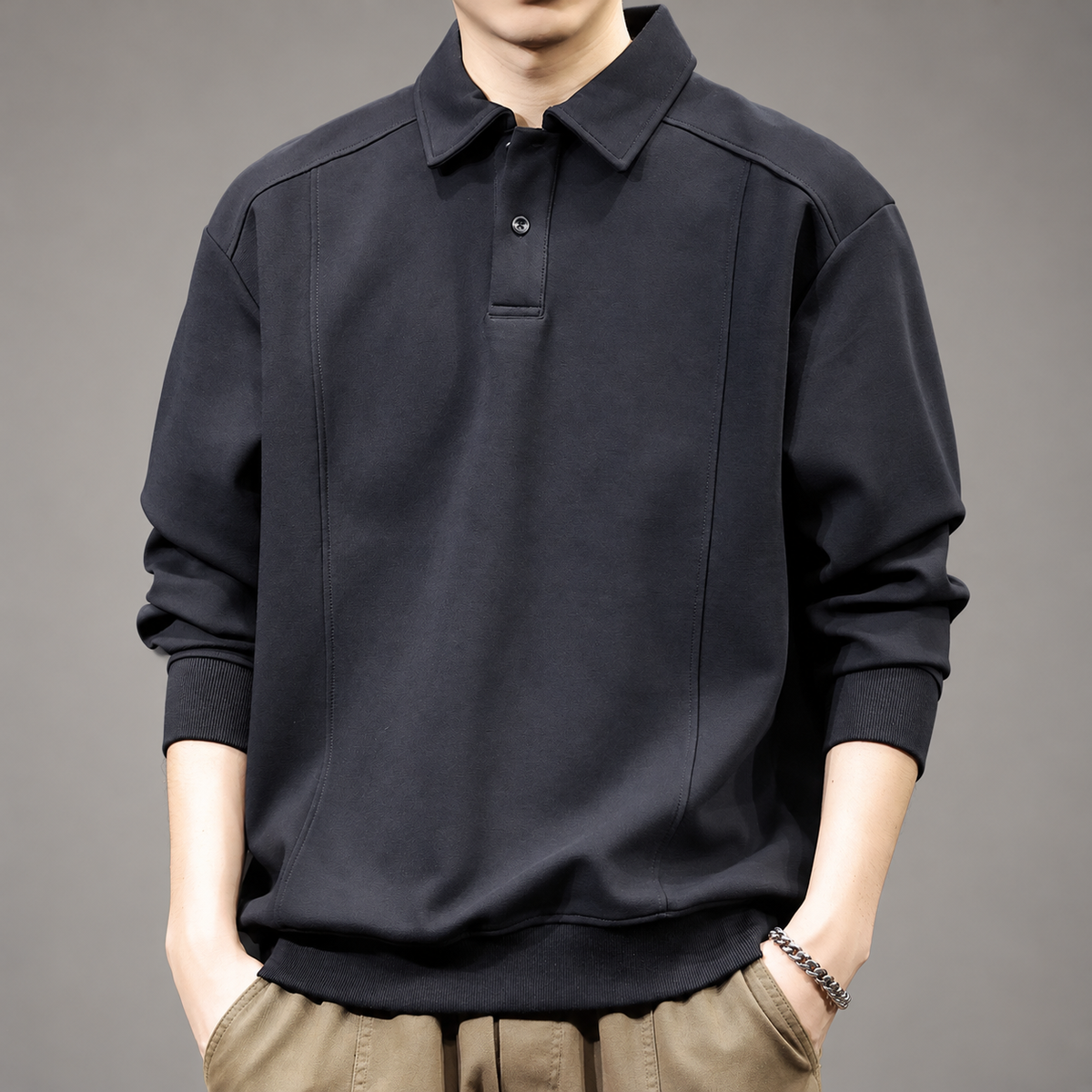 Adelard Men’s Relaxed Fit Collared Pullover with Ribbed Trim