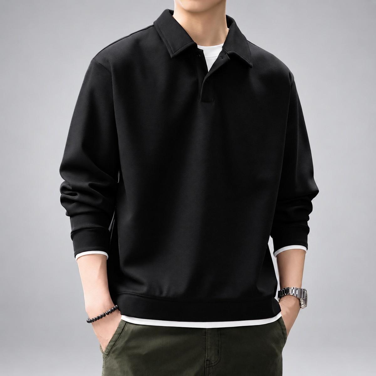 Vincenzo Men's Black Long Sleeve Polo Sweatshirt