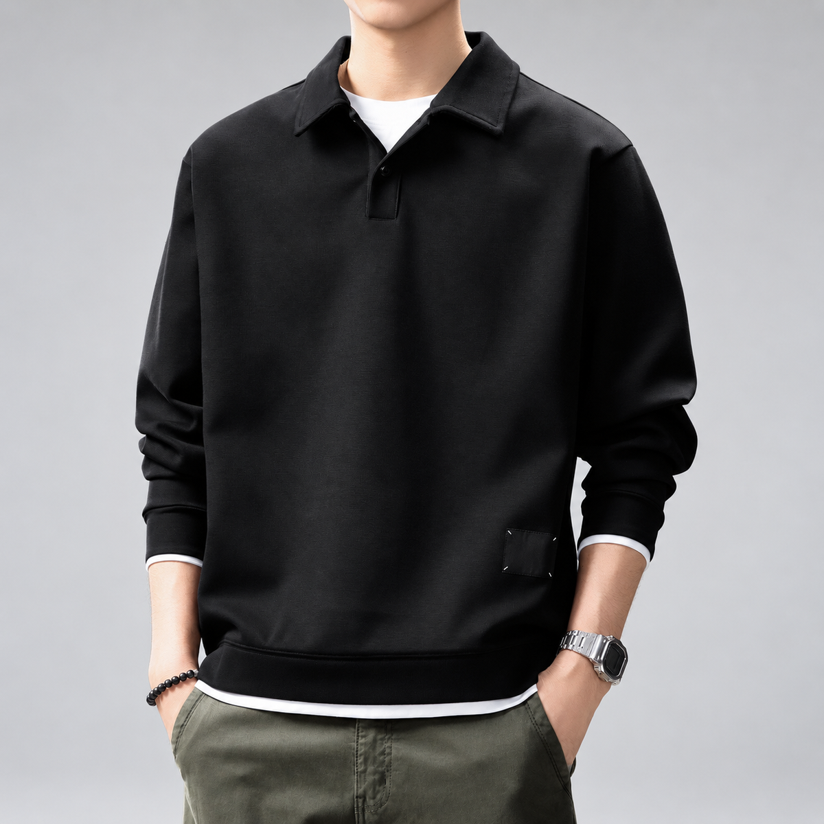 Vincenzo Men's Black Long Sleeve Polo Sweatshirt