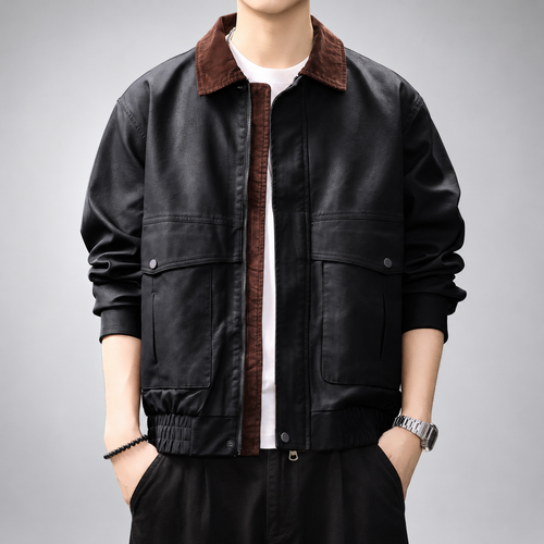 Aaron Men's Textured Bomber Jacket with Contrast Corduroy Collar