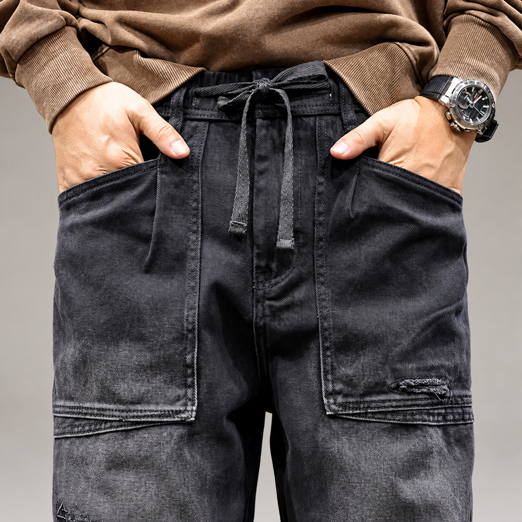 William Men's Washed Black Wide-Leg Drawstring Jeans