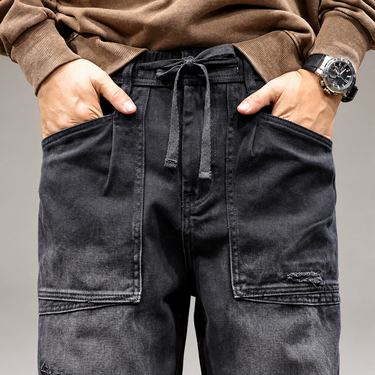 William Men's Washed Black Wide-Leg Drawstring Jeans