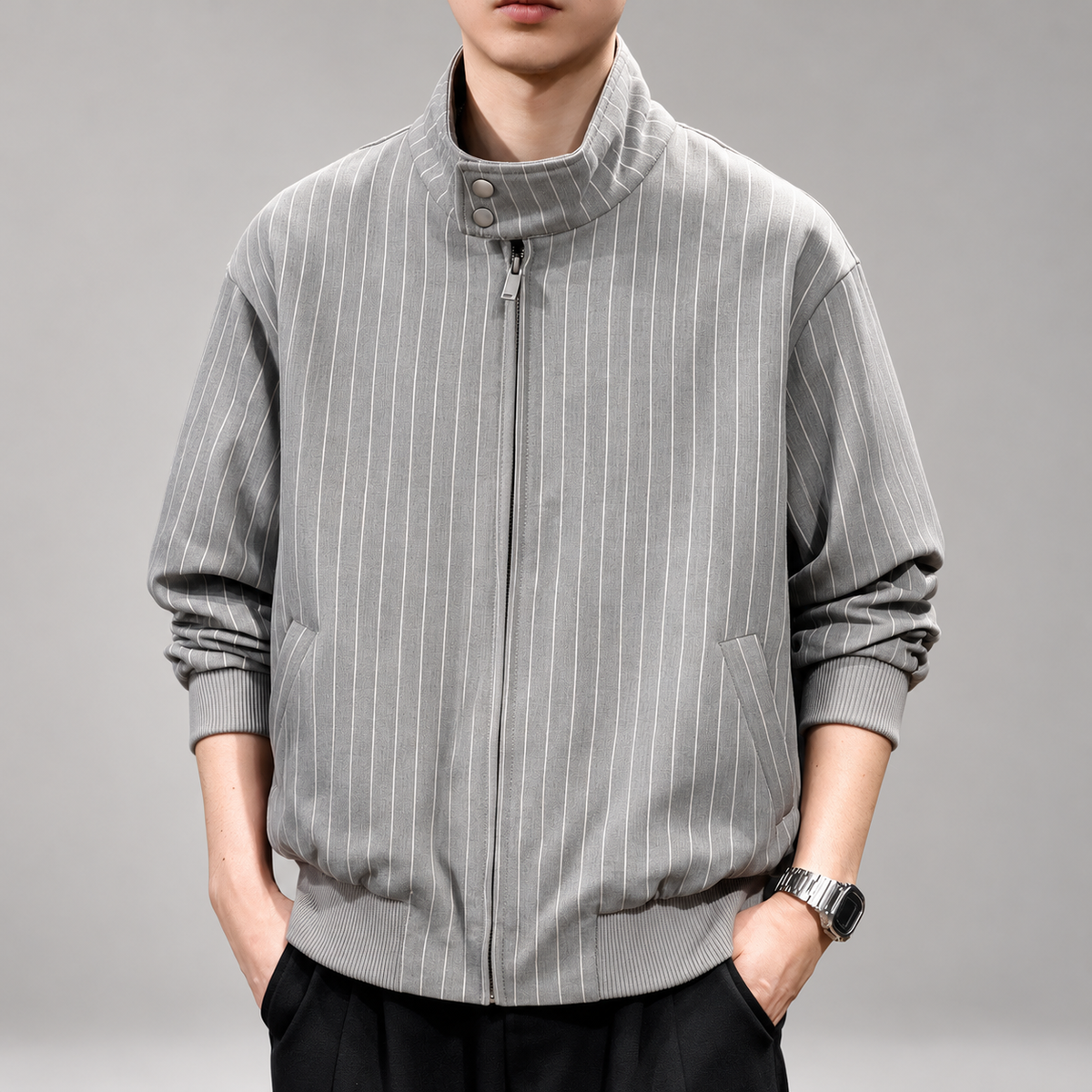 Digby Men's Pinstripe Zip-Up Jacket with Ribbed Trim