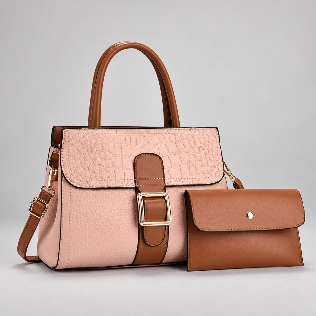 Ginevra Textured Satchel Bag with Gold-Tone Buckle and Pouch