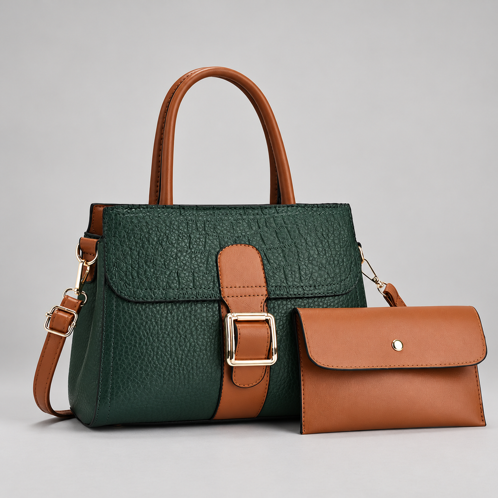 Ginevra Textured Satchel Bag with Gold-Tone Buckle and Pouch