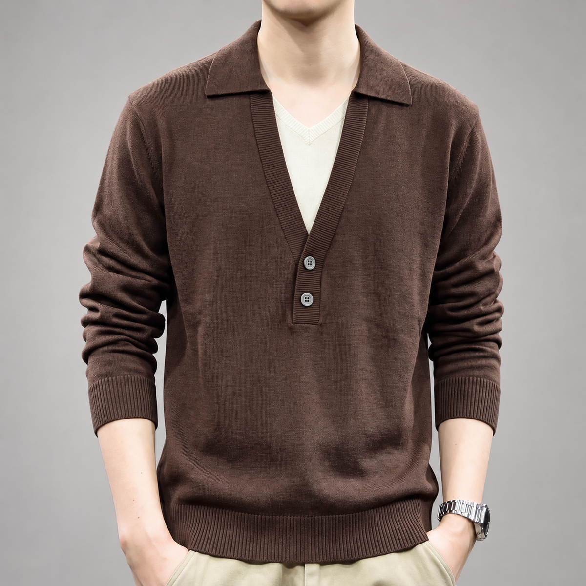 Raniero Men’s Collared V-Neck Knit Pullover Sweater