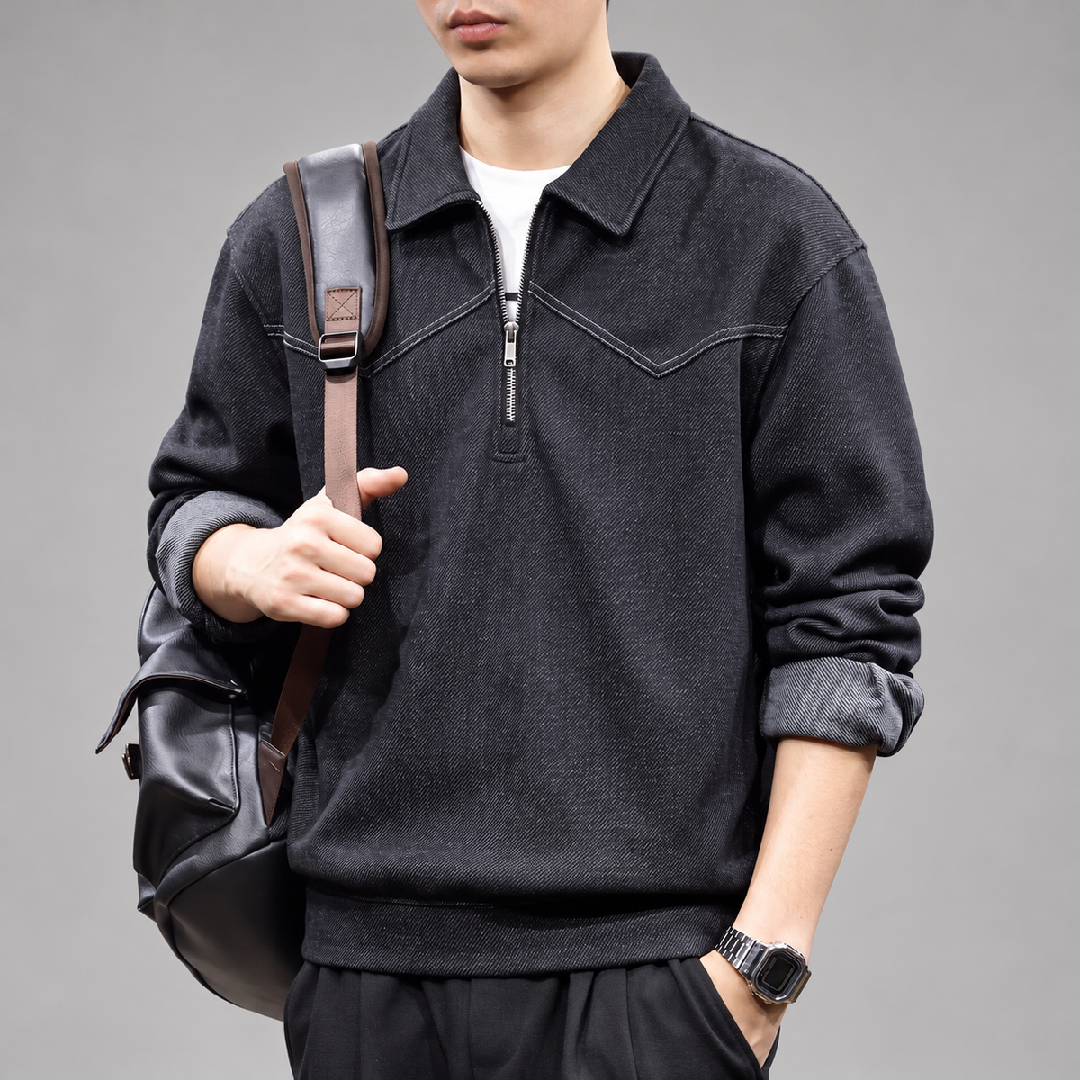 Adrian Men's Textured Half-Zip Pullover with Pointed Collar