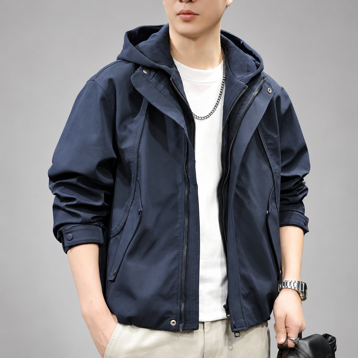 Adelmo Men's Hooded Zip-Up Jacket with Snap Cuffs