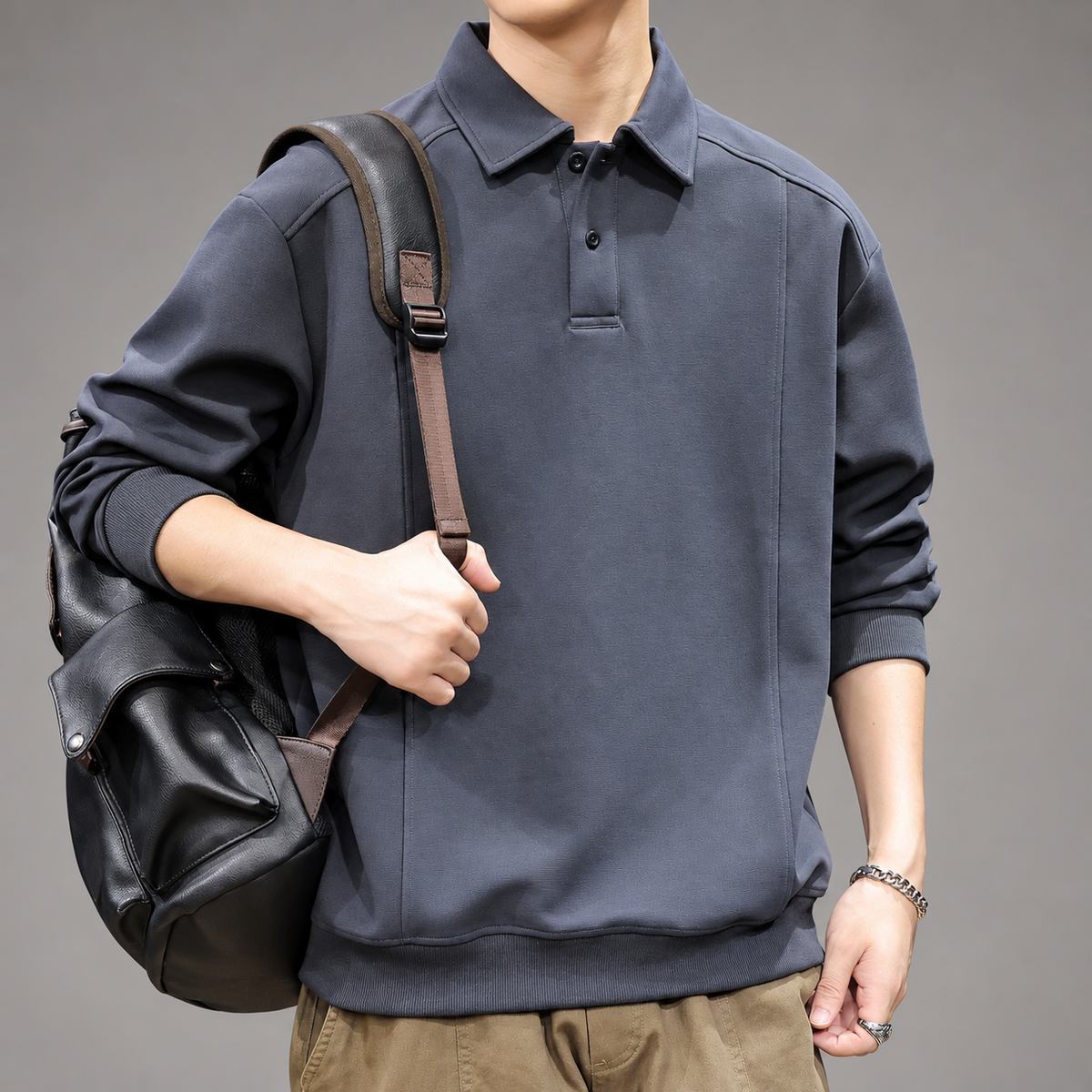 Adelard Men’s Relaxed Fit Collared Pullover with Ribbed Trim
