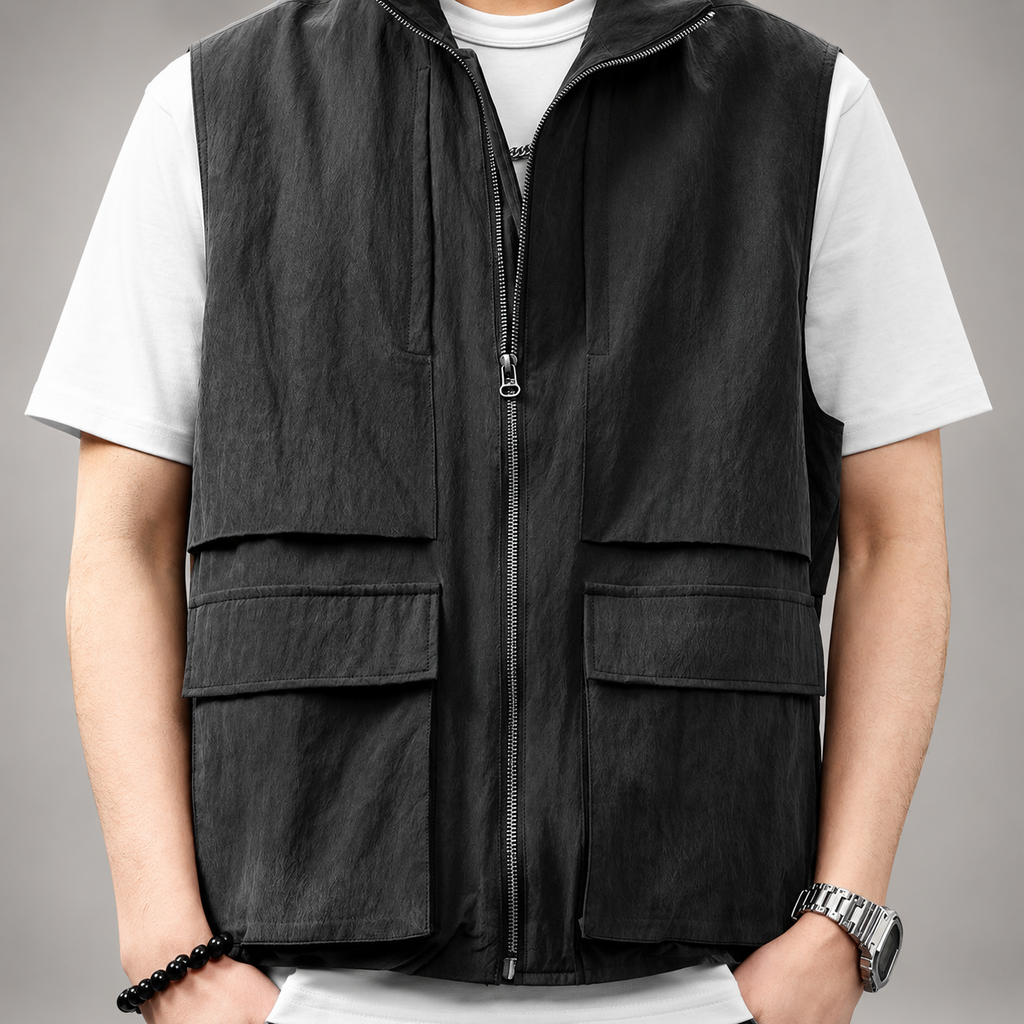 Preston Men’s Textured Utility Vest with Cargo Pockets and Full Zip