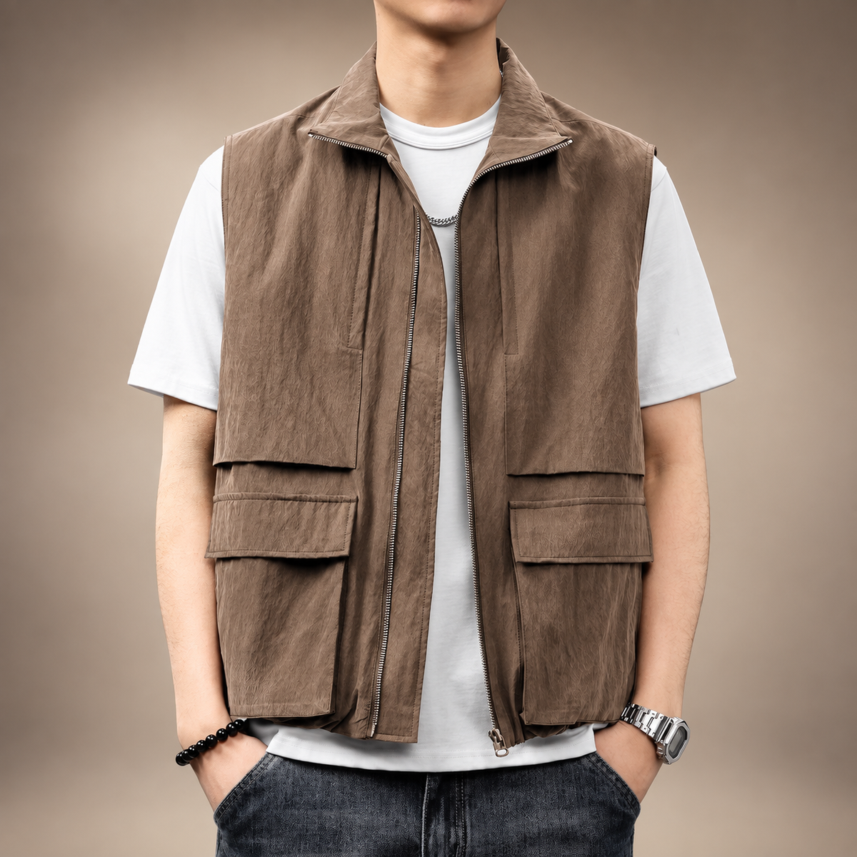 Preston Men’s Textured Utility Vest with Cargo Pockets and Full Zip