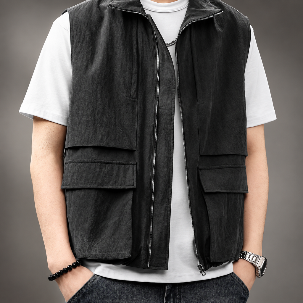 Preston Men’s Textured Utility Vest with Cargo Pockets and Full Zip