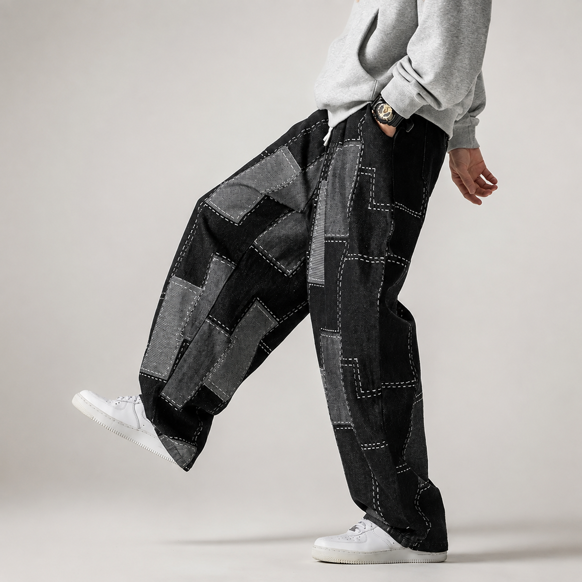 Preston Drawstring Patchwork Wide-Leg Jeans