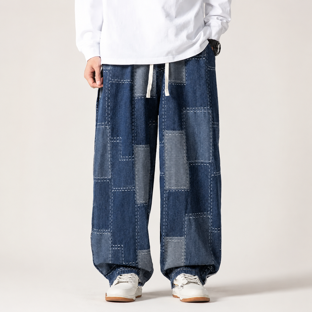Preston Drawstring Patchwork Wide-Leg Jeans