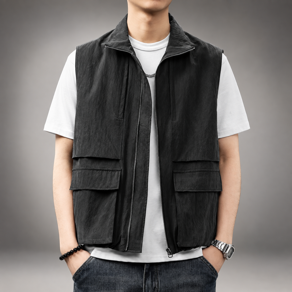Preston Men’s Textured Utility Vest with Cargo Pockets and Full Zip