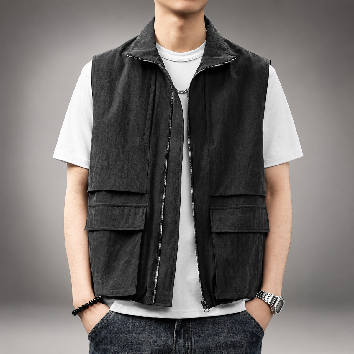 Preston Men’s Textured Utility Vest with Cargo Pockets and Full Zip