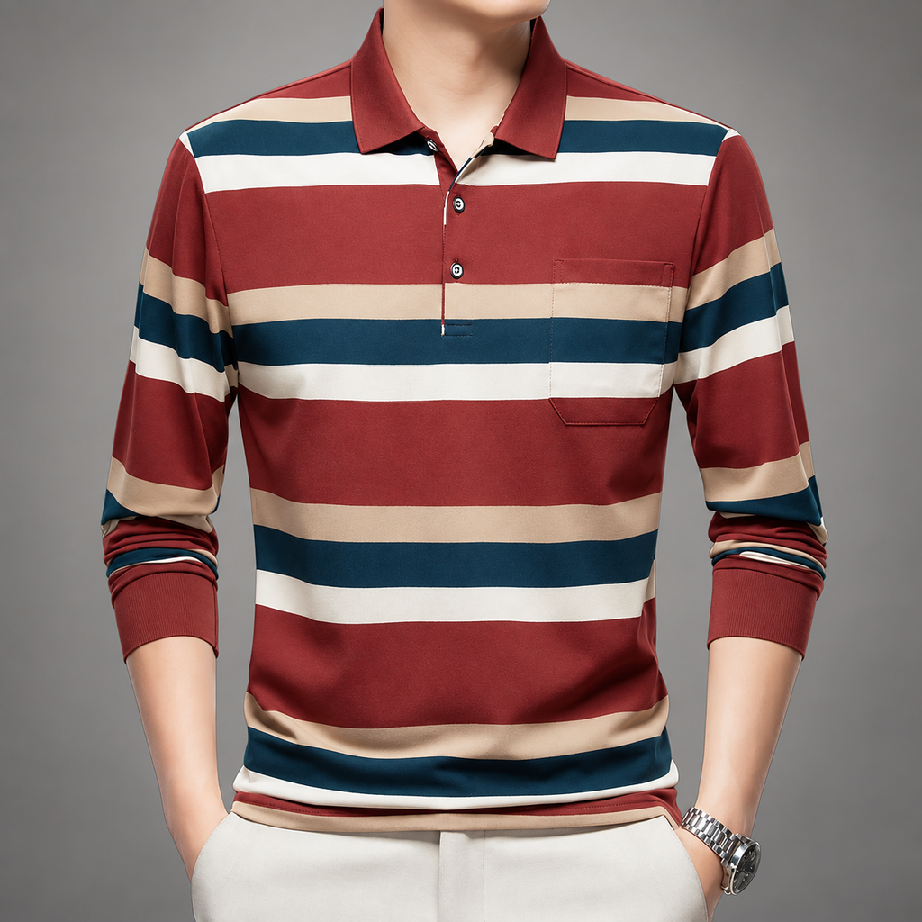 Quentin Men’s Striped Long-Sleeve Polo Shirt with Chest Pocket