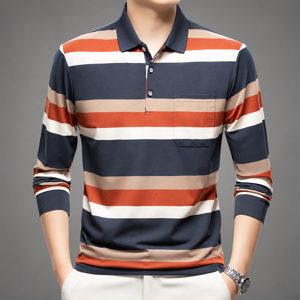 Quentin Men’s Striped Long-Sleeve Polo Shirt with Chest Pocket