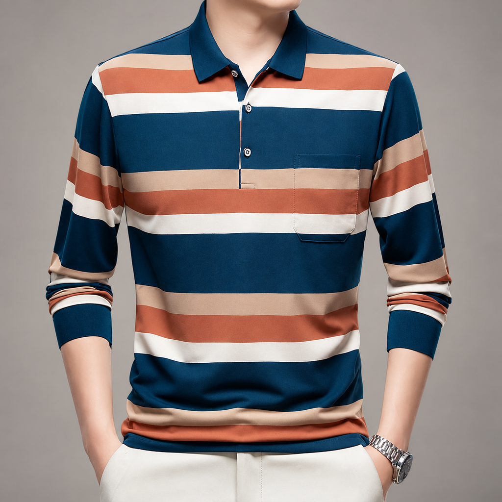Quentin Men’s Striped Long-Sleeve Polo Shirt with Chest Pocket