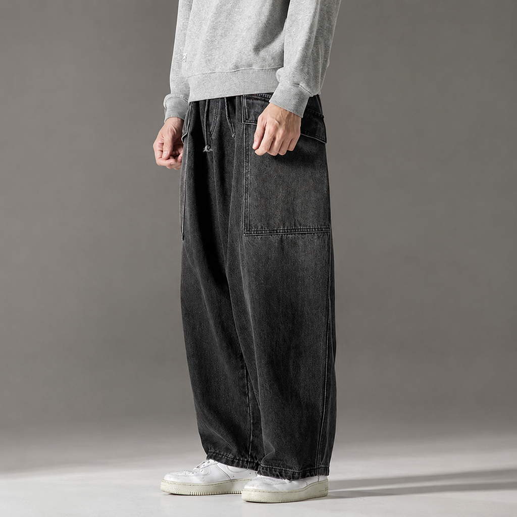 Rafael Men's Wide Leg Denim Cargo Pants – Heavyweight Drawstring Utility Jeans
