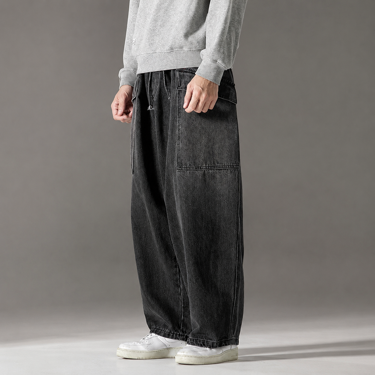 Rafael Men's Wide Leg Denim Cargo Pants – Heavyweight Drawstring Utility Jeans