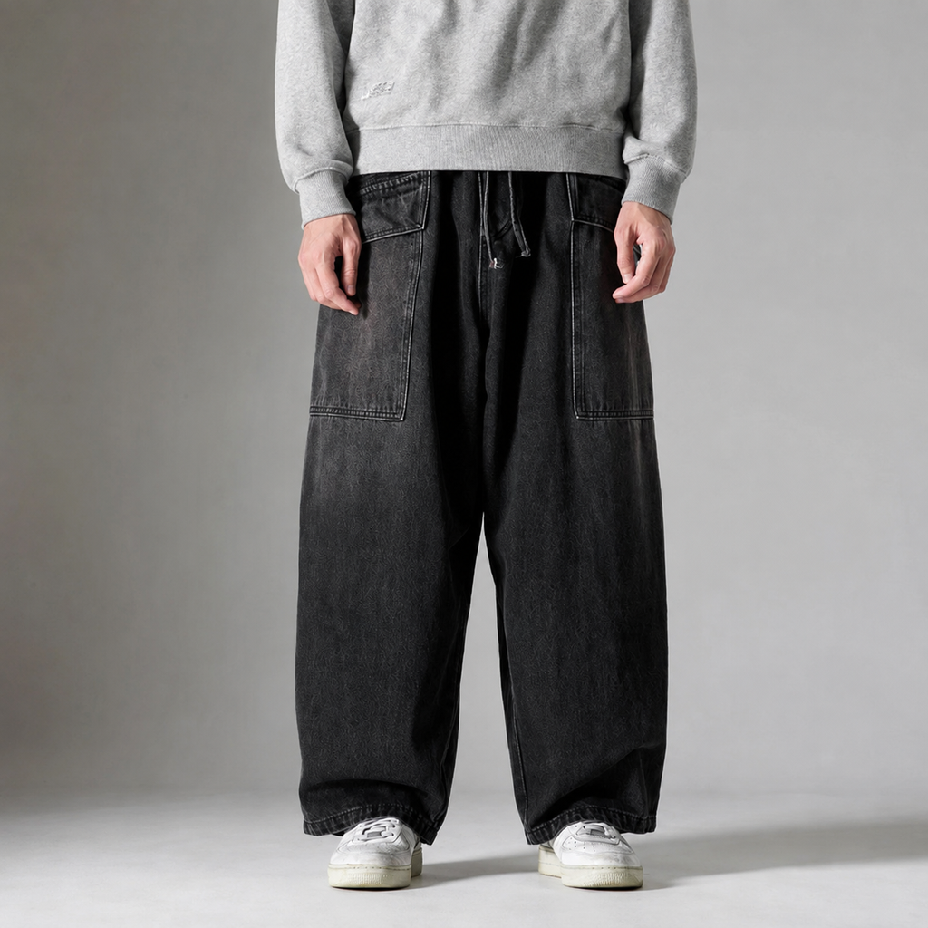 Rafael Men's Wide Leg Denim Cargo Pants – Heavyweight Drawstring Utility Jeans
