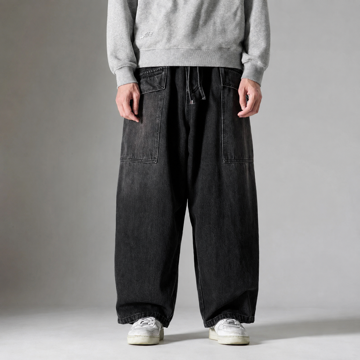 Rafael Men's Wide Leg Denim Cargo Pants – Heavyweight Drawstring Utility Jeans