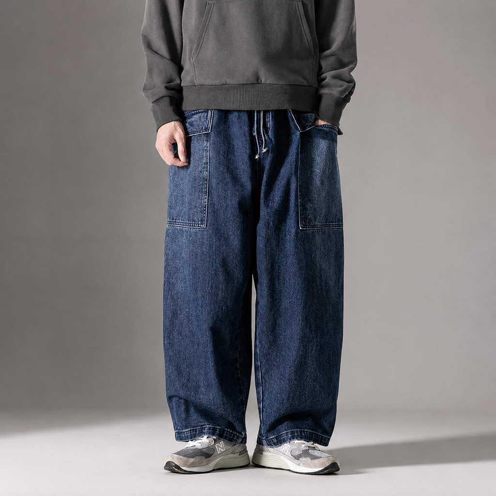 Rafael Men's Wide Leg Denim Cargo Pants – Heavyweight Drawstring Utility Jeans