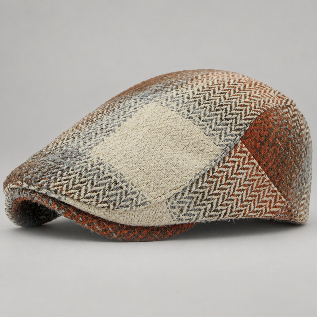 Rafferty Patchwork Herringbone Flat Cap with Short Curved Brim