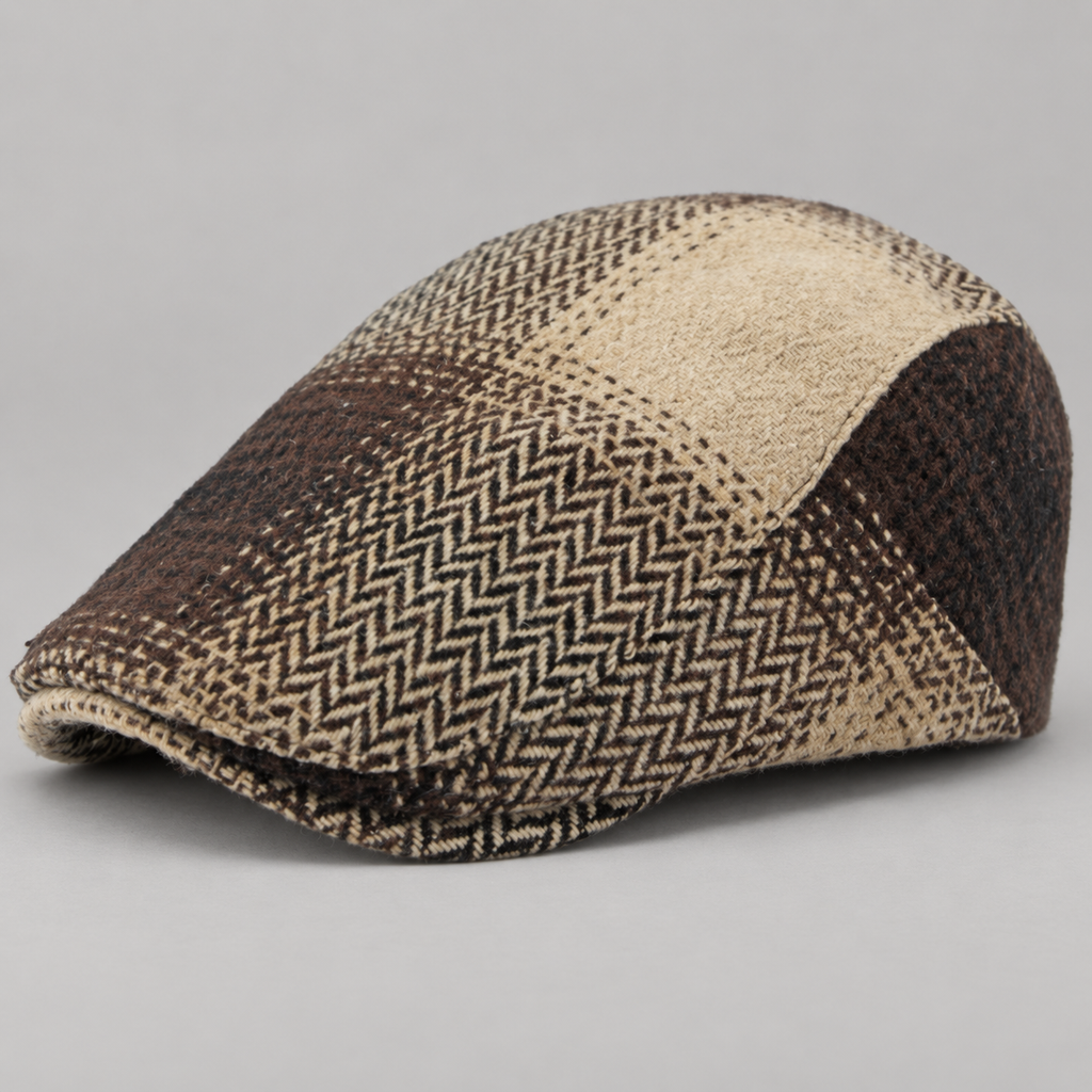 Rafferty Patchwork Herringbone Flat Cap with Short Curved Brim
