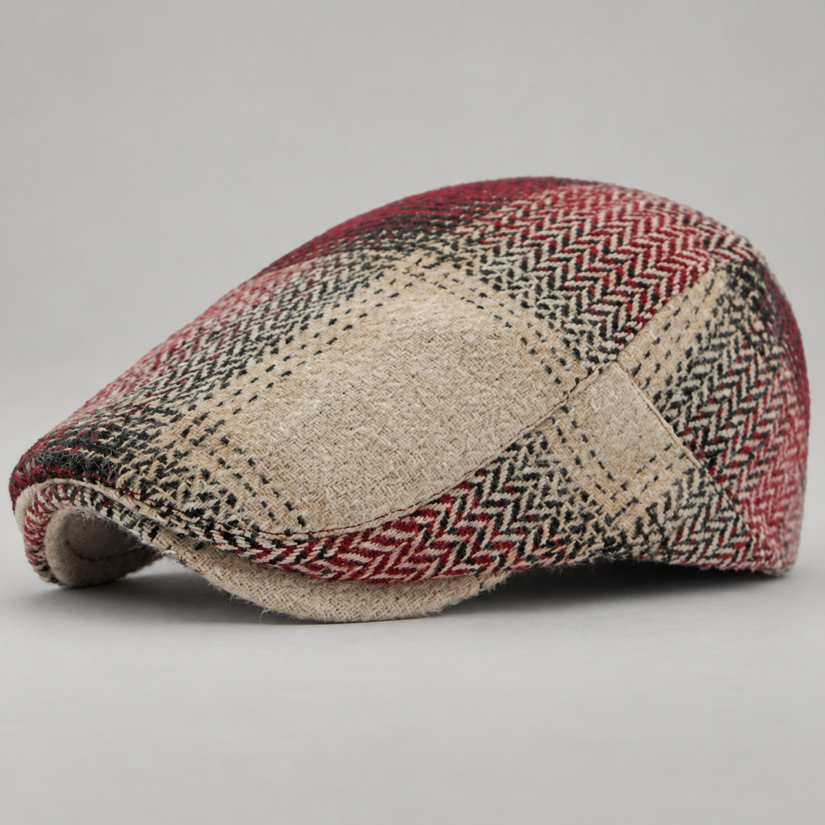 Rafferty Patchwork Herringbone Flat Cap with Short Curved Brim