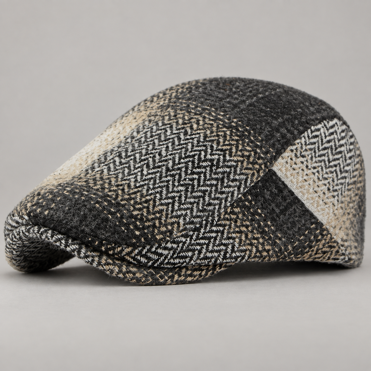 Rafferty Patchwork Herringbone Flat Cap with Short Curved Brim