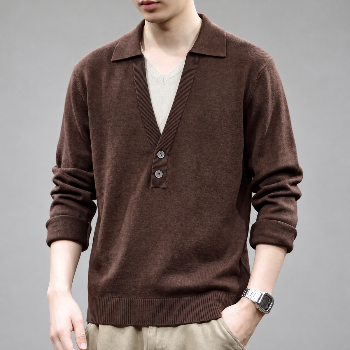 Raniero Men’s Collared V-Neck Knit Pullover Sweater
