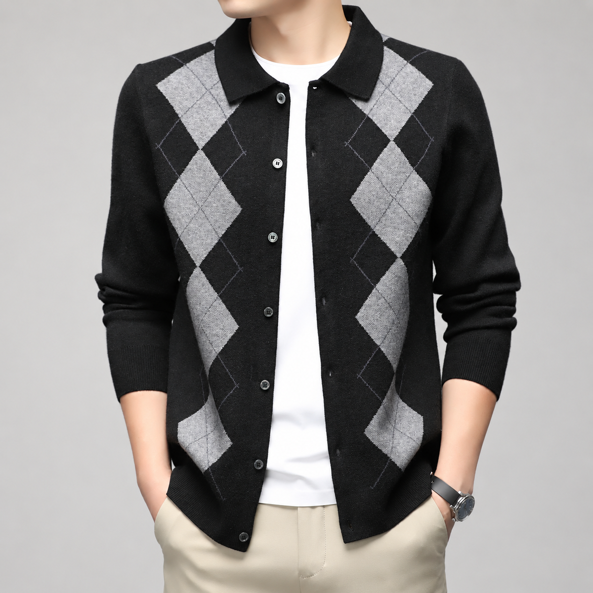 Alessio Men’s Argyle Button-Front Knit Cardigan with Collar